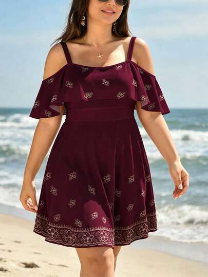 Lacomfia Peach Blossom Ditsy Floral Maxi Dress, Plus Size, Women's Fashion Spaghetti Strap Ruffle Hem Waist Tie Short Sleeve Dress, Suitable For Off Shoulder Outfit, Ditsy Floral Dress, Summer Vacation Style