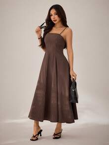SHEIN PETITE Đầm midi không tay màu nâu dây mảnh dành cho nữ, kiểu dáng xuân/hè, họa tiết kẻ sọc - Hoàn hảo cho kỳ nghỉ, trang phục thường ngày, đi làm, những chuyến đi lãng mạn, du lịch trên tàu biển, phong cách đường phố, trang phục dự đám cưới, phong cách bohemian, trang phục hàng ngày, tối giản, đa năng và du lịch - Đầm nữ - màu nâu - Xem 8