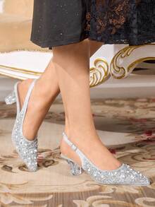 CUCCOO TILAWA Sepatu Hak Tinggi Wanita Modis & Elegan dengan Kristal Asimetris, Berkilau, Rhinestone, Ujung Lancip, Warna Perak, Cocok untuk Jamuan, Pesta, dan Acara Lainnya, Termasuk Hari Valentine. - Perak - View 4