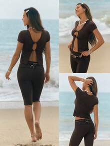GLOWMODE CloudKnit DuoFlow Slim Fit Waist Length Soft Stretchy Reversible Ribbed Flutter Sleeve Cutout Design Front Back Wear Top Summer Daily Casual Wear - Chocolate Brown - View 8