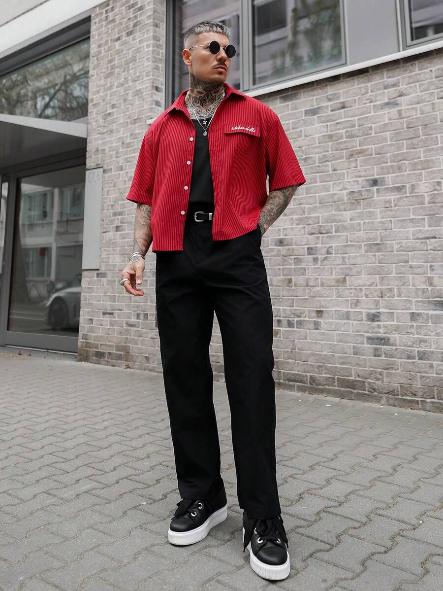 Artur Kramer 男士休闲条纹印花宽松短袖衬衫，春夏 - 紅色 - 查看 1