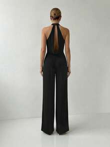 Firerie Women's Elegant Romantic Date Sexy Deep Draped Neck Backless Waist Flared Leg Jumpsuit, Suitable For Gala, Birthday, Party Dress - Black - View 2