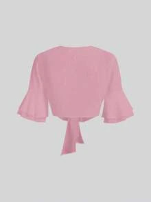 Qadelle Women Front Tie Mid-Length Sleeve Simple Cropped Top, Solid Color Women Shirt - Dusty Pink - View 2