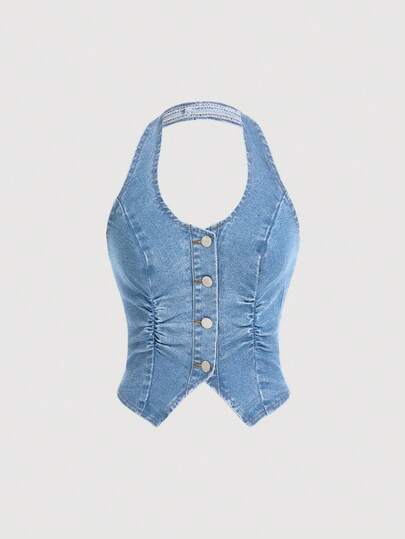 SHEIN ICON Y2K Blue Elastic Cropped Backless Halter Denim Vest Top