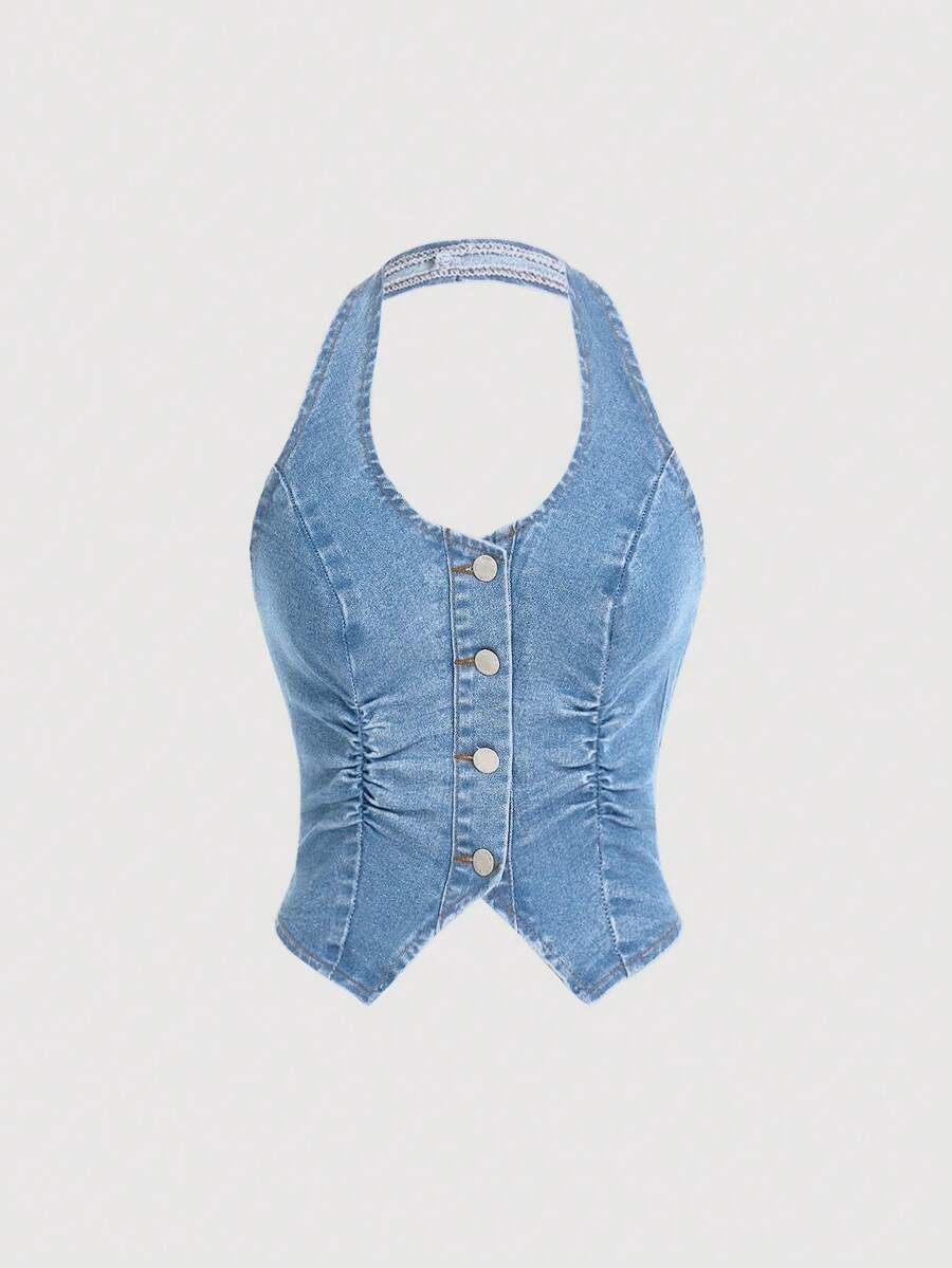 SHEIN ICON Y2K Blue Elastic Cropped Backless Halter Denim Vest Top - Light Wash - View 1