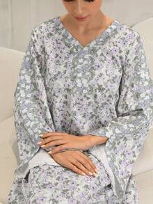Yasmyna 女士度假风印花V领喇叭袖宽松阿拉伯传统长裙 - 彩色 - 查看 6