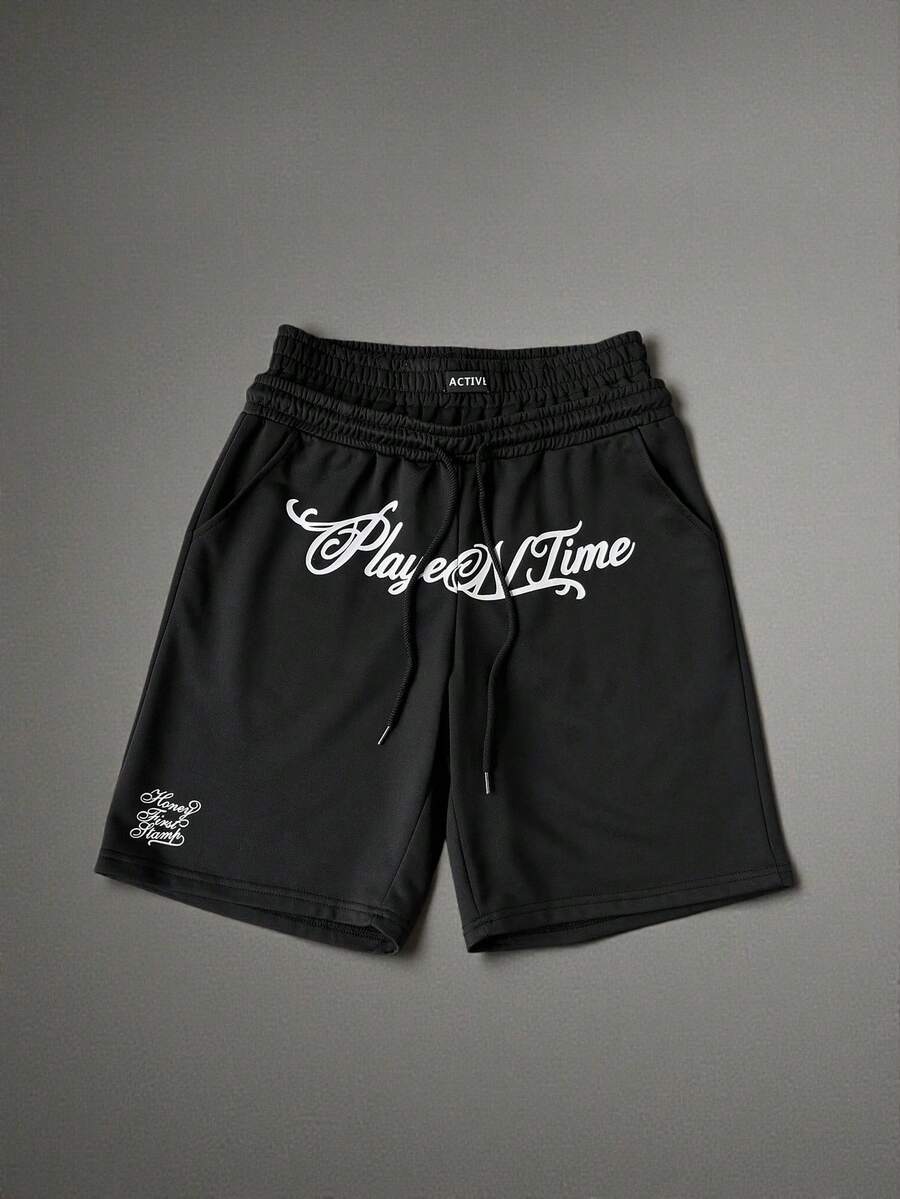 Manfinity Homme 成熟街頭風、塗鴉字母印花設計 - 雙腰帶男士短褲,度假款 - 黑色 - 查看 1