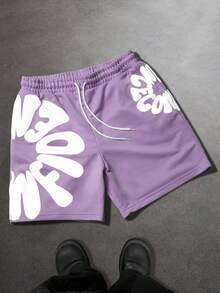 SLATEMANN Men's Letter Embossed Drawstring Waist Casual Shorts - Purple - View 4