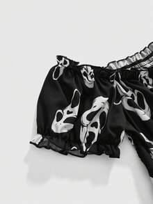 ROMWE Goth 大码哥特恐怖暗黑印花露肩花瓣袖连衣裙 - 黑色 - 查看 9