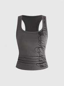 ROMWE Grunge Punk 2pcs/Set Punk Cross Slogan Crop Top & Super Low-Rise Mini Shorts, Music Festival Outfit - Grey - View 7
