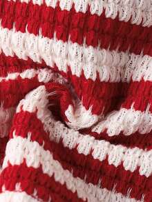 SHEIN Holidaya Striped Ruffle Sexy Crop Top And Casual Shorts Beach Outfit, Summer - Red - View 3