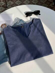 SHEIN EZwear 大码复古水洗酸洗宽松短袖V领T恤，纯棉面料，春夏款 - 藏蓝色 - 查看 5