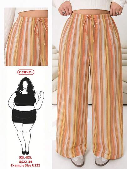 SHEIN CURVE+ Plus Size Women's Long Woven Fabric Light Orange Pants With Striped Design, Casual Boho Fit, Striped Pants, Women's Summer Clothing Holiday Beach Holiday