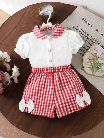 SHEIN Elladie kids Toddler Girls' Elegant Delicate Cute Peter Pan Collar Pearl Button Puff Sleeve Shirt Paired With Bow Pearl Shorts Set, Suitable For Daily Outings, Small Gatherings Or Festivals, Fresh Red And White Color Scheme Brings Vitality.