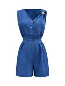 Elenzga Bộ jumpsuit màu xanh nhạt cổ chữ V, thắt eo, ống rộng, không tay, hàng mới về mùa hè. - Màu xanh bụi bặm - Xem 6