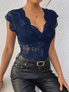 Bluhae Simple Commuter Women Lace Splice Cap Sleeve Bodysuit - Navy Blue - View 6
