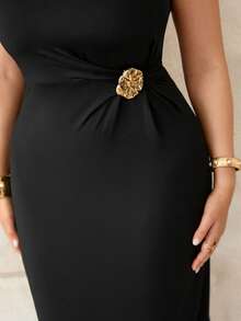 Roveilla Vestido midi elegante de unicolor sin mangas con cuello redondo para tallas grandes - Negro - Ver 7