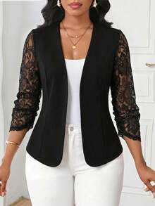 SHEIN Lady Áo khoác cardigan nữ phối ren, kiểu dáng thường ngày, đa năng, nhẹ nhàng. - màu đen - Xem 6