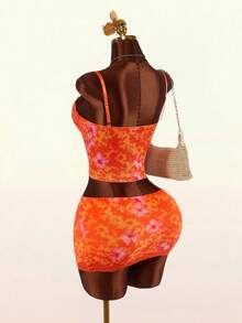 Amplova Lace Cup Detail Tropical Floral Mesh Bodycon 2 Pieces Set For Women Beach Vacation Orange Red Summer Outfits Casual - Orange - View 6