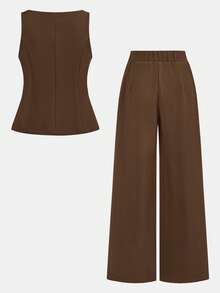 Firerie Kids 2pcs/Set Tween Girls' Casual Commuting Fashion Wine Red Button Decor Vest Top And Leggings Set - Brown - View 2