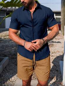Manfinity Homme Conjunto de camisa de manga corta con botones y pantalones cortos de unicolor casual de verano para hombres - Multicolor - Ver 5