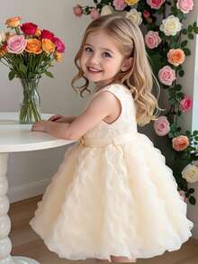 SHEIN Glamorique Kids 女童公主裙，杏色3D立体花卉刺绣连衣裙，杏色网纱连衣裙，无袖，蝴蝶结装饰，生日派对、婚礼及节日 - 杏色 - 查看 5