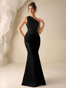 Coutiva Solid Color Ruffle Hem Elegant Bridesmaid Dress (Adult) Formal Wedding Guest Black Spring - Black - View 4