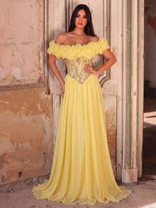 Glamrae Đầm maxi đuôi cá màu vàng ánh kim lấp lánh, chất liệu chiffon, thanh lịch, lãng mạn, thời trang và trang nhã, phù hợp cho các bữa tiệc trang trọng, đám cưới, tiệc độc thân, dạ hội. - Màu vàng - Xem 7