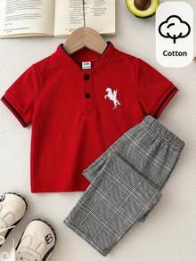 Bubblio Bộ đồ 2 món cho bé trai, gồm áo polo tay ngắn và quần kẻ caro cạp chun, kiểu dáng thường ngày, phù hợp cho tiệc sinh nhật, tiệc tối, biểu diễn, đám cưới, tiệc mừng em bé chào đời, lễ kỷ niệm sinh nhật lần thứ nhất. - Nhiều màu - Xem 3