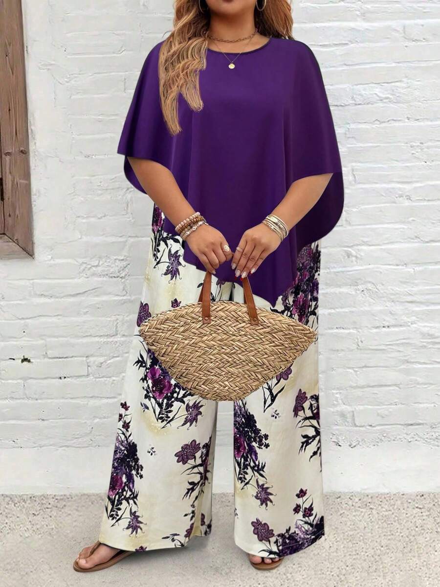 EMERY ROSE Conjunto informal de mujer talla grande con top de cuello redondo de unicolor y pantalones de pierna ancha con estampado floral - Multicolor - Ver 1