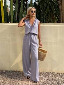 DAZY Women's V-Neck Loose 2 Pieces Set With Purple Lace Design - Mauve Purple - View 5