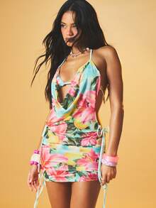 MISSGUIDED Tropical Floral Print Halter Top And Mini Skirt Two Piece Set With Side Tie Details Summer Beach Vacation Outfit - Multicolor - View 1