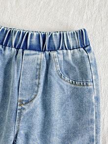 SHEIN Vintaside Kids Bộ đồ cho bé trai gồm áo tay ngắn cổ bẻ và quần jean bạc màu thời trang, thích hợp mặc hàng ngày, đi cắm trại cùng gia đình, ăn uống hoặc mua sắm. - Màu Khaki - Xem 8