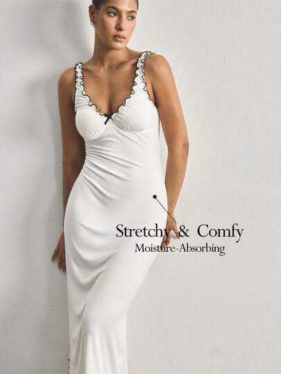 Ocili Women's Solid Color Frill Trim Minimalist Casual Dress, Loungewear