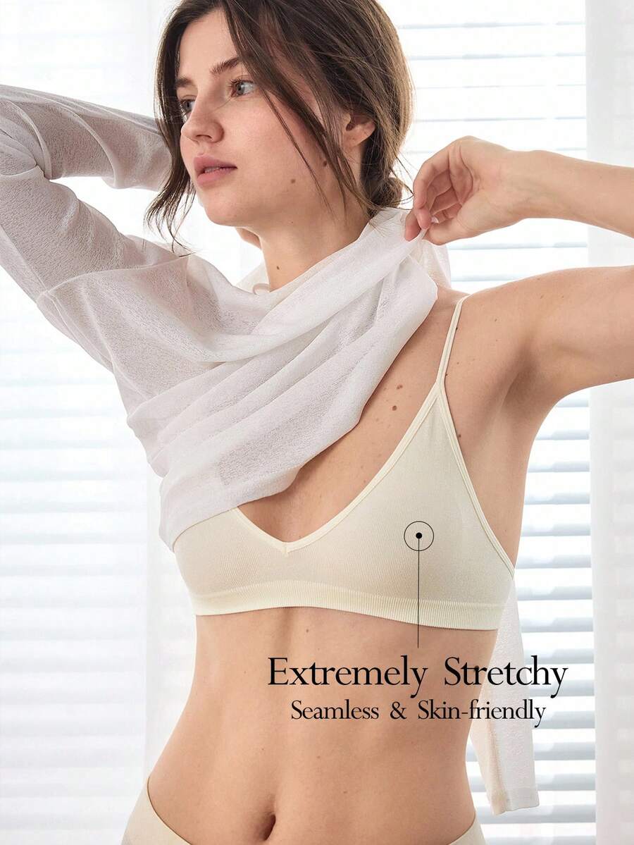 Ocili Seamless Ribbed Elastic Wireless Bra, Comfortable Women's Underwear - White - View 1