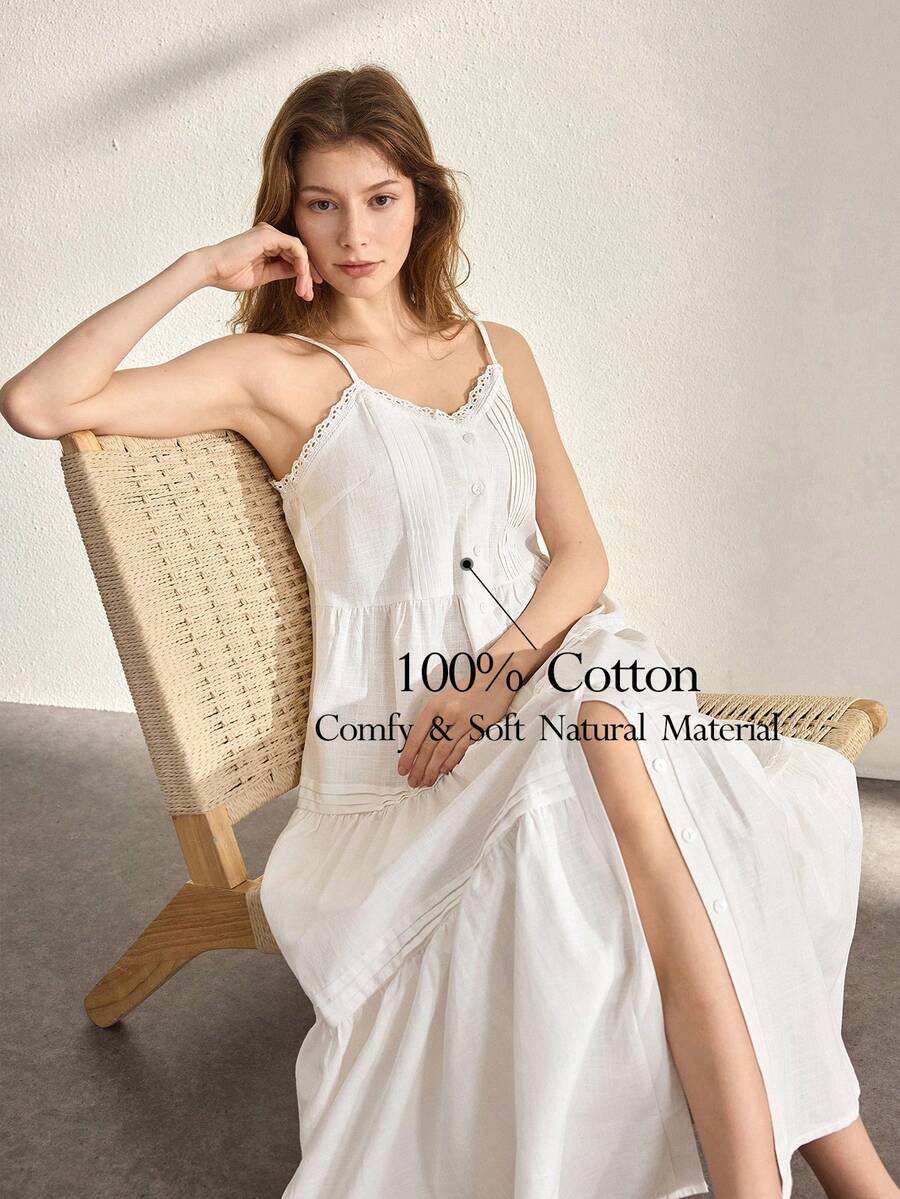 Ocili 女士纯棉花卉刺绣镂空贝壳纽扣前襟蕾丝边睡裙 - 白色 - 查看 1