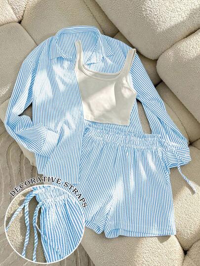 Resyla Conjunto Casual Diário Feminino com Regata de Cor Sólida e Top de Manga Longa Listrada de Abotoamento Único com Shorts