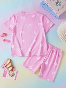 THE POWERPUFF GIRLS X SHEIN 2件套少女休闲圆领短袖T恤和短裤舒适两件套，联名睡衣 - 粉色 - 查看 2