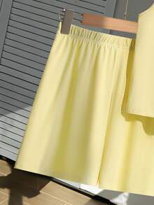 2pcs/Set Striped Bow Tie Sleeveless Crop Top,Ruffle Hem Shorts Set For Teenage Girls,Sweet & Spicy Style,Summer,Casual,Holiday Parties Outings - Yellow - View 7