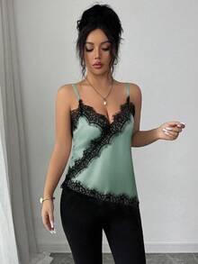 Rafferiza Regata Casual Versátil de Uso Diário com Recortes de Renda para Mulheres - Verde - Visão 5