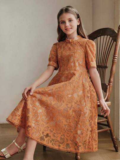 Anewsta Girls' Summer Party Dresses, Tie-Dye Orange Water-Soluble Lace Chinese Style Applique Girls' Dress, Tween GirlsDress