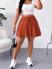 Elenzga Plus Size Casual Solid Color Mini Skirt Shorts - Redwood - View 4