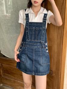 DAZY Rok Terusan Denim Wanita dengan Kantong dan Kancing - Biru - View 5