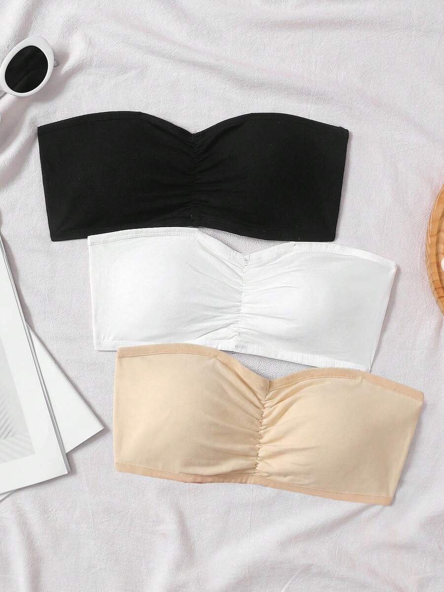 SHEIN Tween女孩 3件組休閒抹胸內衣背心內搭衫,黑色、白色、杏色,四季款 - 杏色 - 查看 1