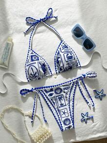 Swim Mod Women's Random Print Halter Neck Ruffle Strap Tie-Up 2-Piece Bikini Set, Spring/Summer - Multicolor - View 1