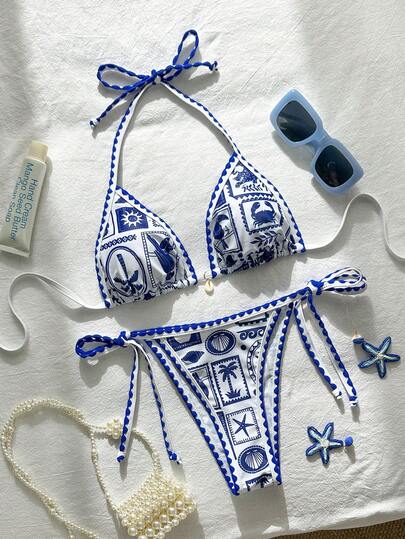 Swim Mod Women's Random Print Halter Neck Ruffle Strap Tie-Up 2-Piece Bikini Set, Spring/Summer