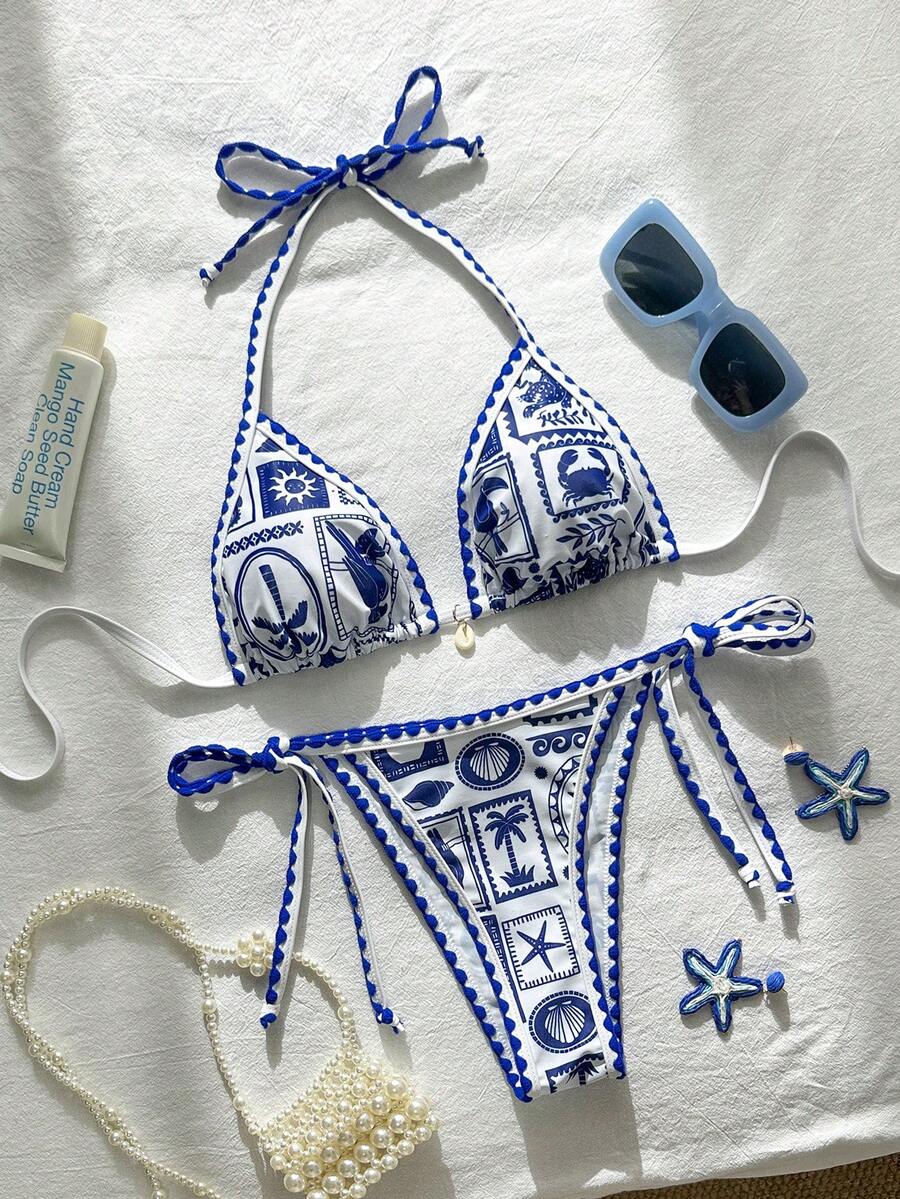 Swim Mod Women's Random Print Halter Neck Ruffle Strap Tie-Up 2-Piece Bikini Set, Spring/Summer - Multicolor - View 1