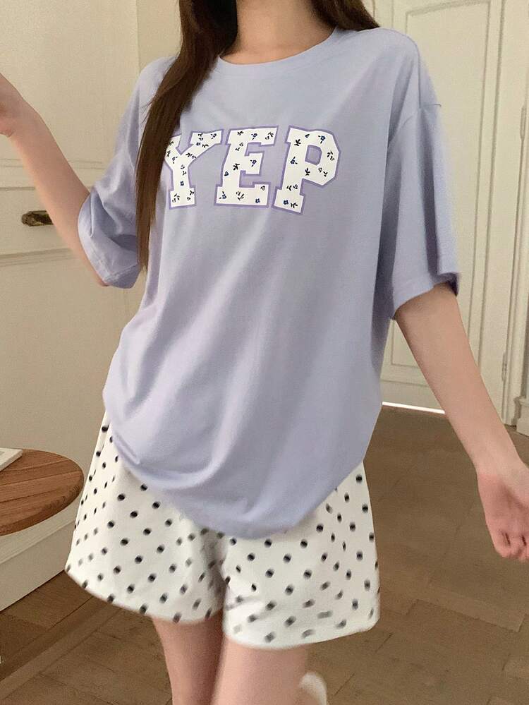 Women's Summer Floral & Letter Print Loose Fit T-Shirt And Shorts Pajama Set