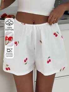 DAZY Women's 100% Cotton Cherry Print Loose Pajama Shorts, Summer - White - View 5
