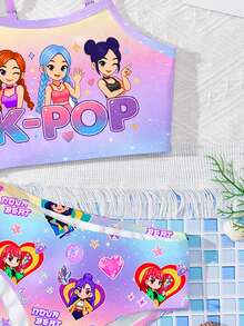 卡通少女頭像、彩色、K-Pop 超級巨星、卡通女團、泳裝印花圖案、貼身吊帶背心與比基尼泳裝套裝，適合夏季 - 彩色 - 查看 4